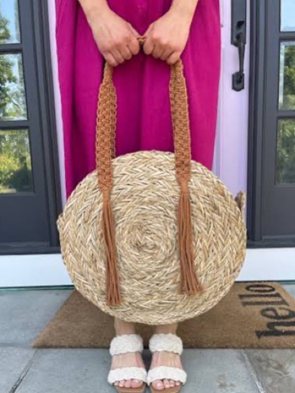 Round Straw Tote with Tan Braided Handles